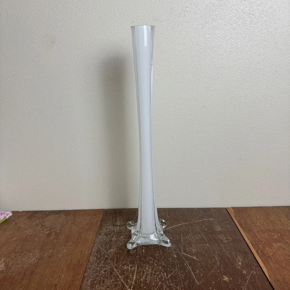 Vintage MCM Retro Tall White Cased Glass Bud Flower Vase‎ 16 inch Home Decor